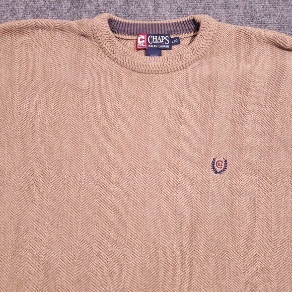 Vintage Ralph Lauren Chaps Sweater‎ Men's Large "Hand Framed" Herringbone Beige - Picture 1 of 8